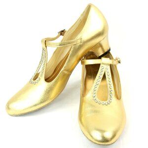 Vintage Beacon Metallic Gold Rhinestone Leather T Strap Heels Pumps 8 1980s